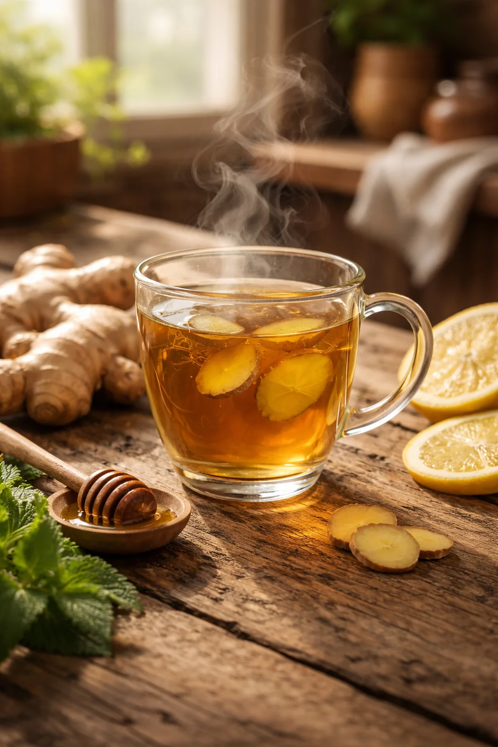 Steaming ginger tea with honey and lemon