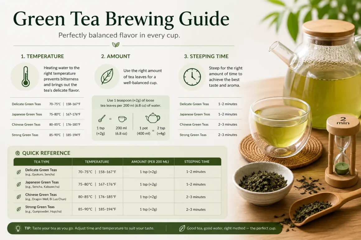 Green tea brewing guide showing temperature, amount and steeping time