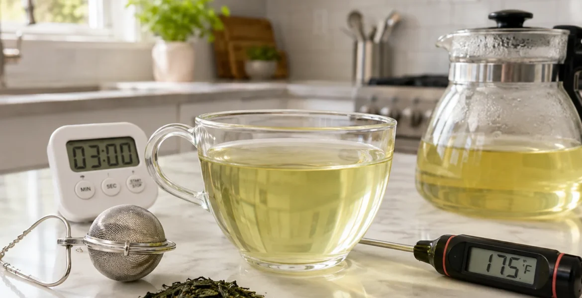 Green tea with thermometer and loose leaves for controlled brewing