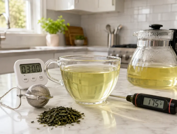 Green tea with thermometer and loose leaves for controlled brewing