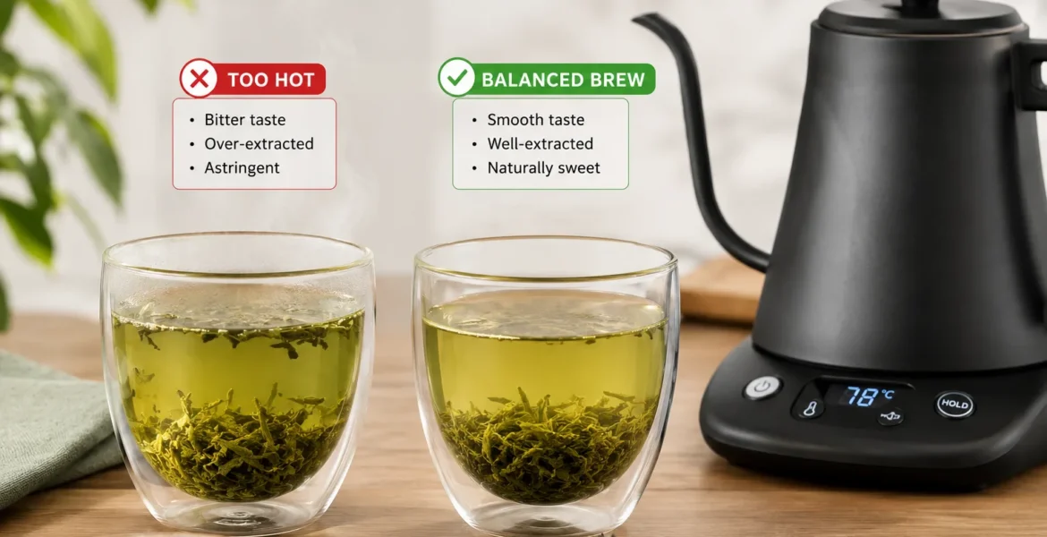 Two cups of green tea comparing hotter and cooler brewing