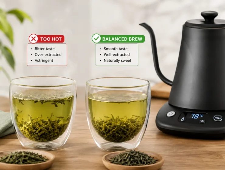 Two cups of green tea comparing hotter and cooler brewing