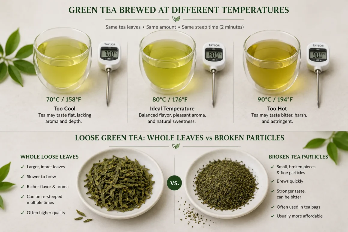 comparison
Whole loose green tea leaves beside fine broken tea particles
