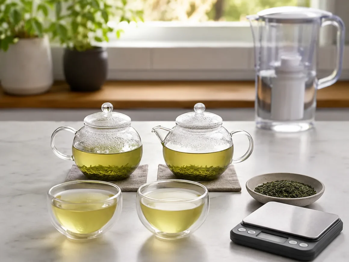 Side-by-side green tea brewing test using tap and filtered water