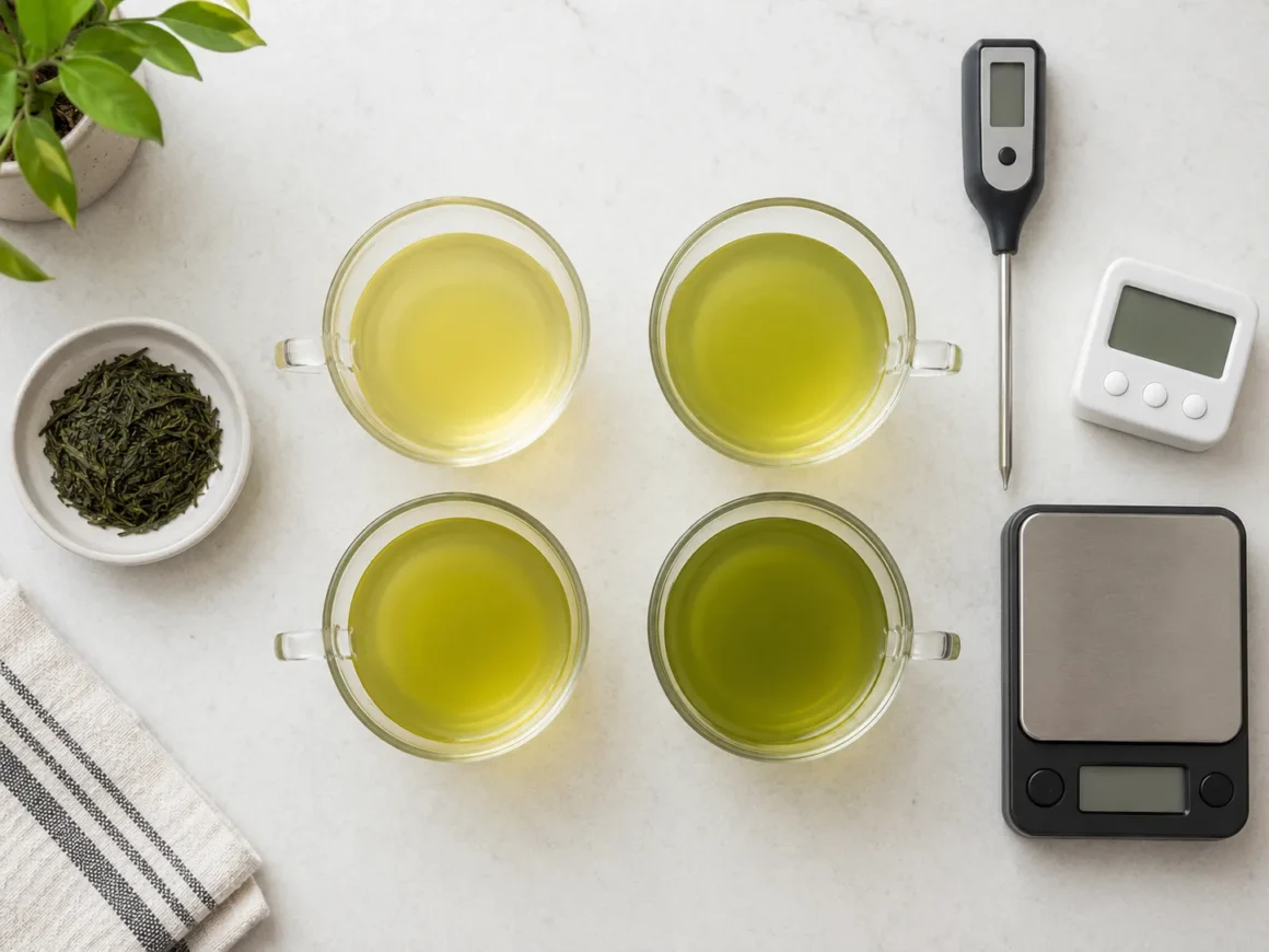 Four green tea cups prepared for a controlled temperature time and leaf ratio test