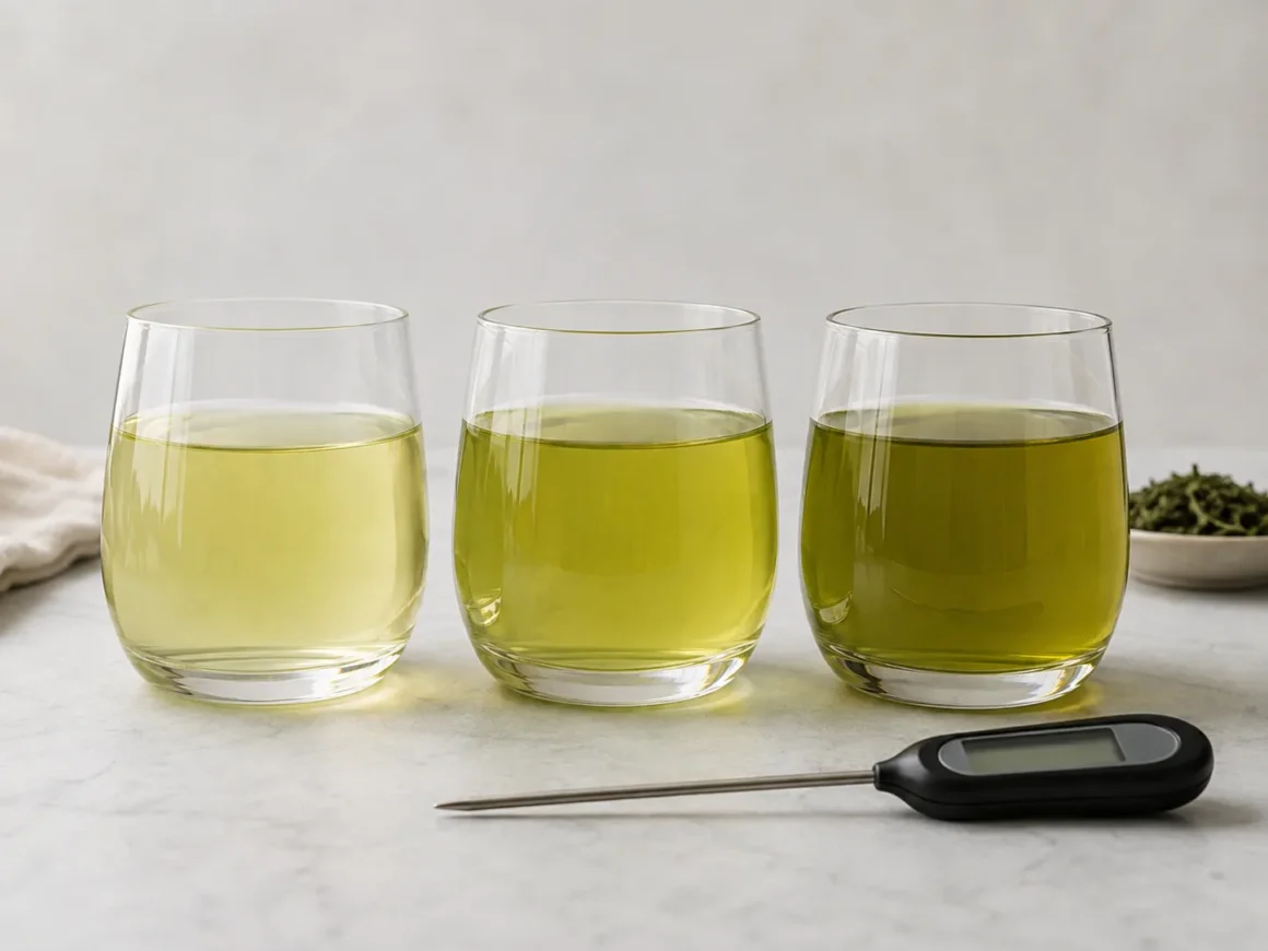 Green tea cups prepared at different water temperatures for comparison