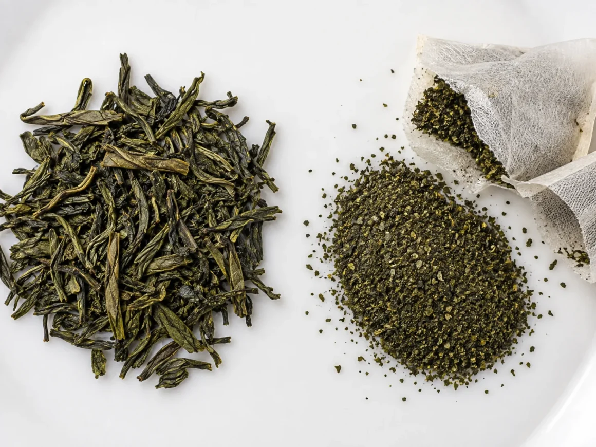 Whole green tea leaves beside fine green tea particles from a tea bag