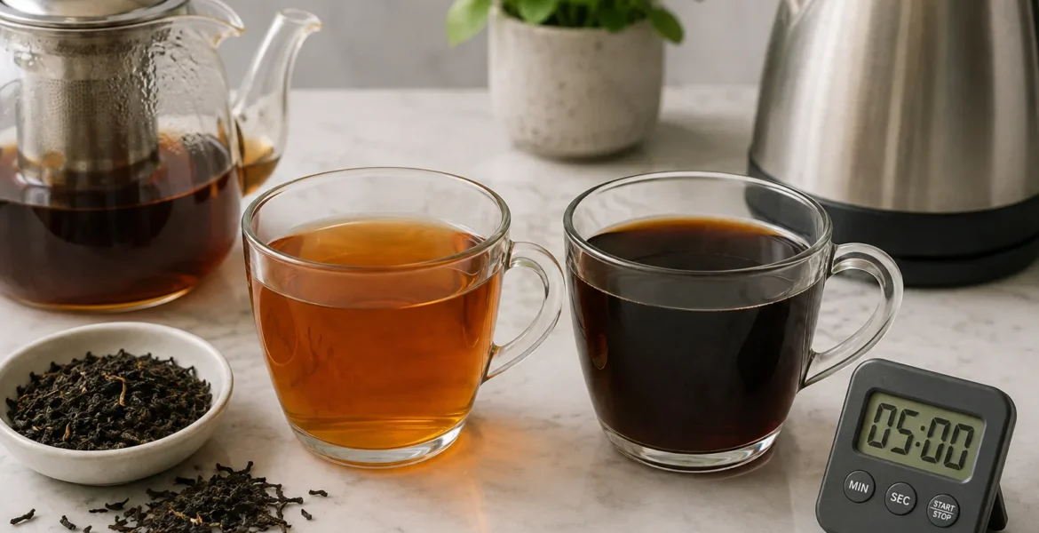 Balanced and oversteeped black tea beside a timer