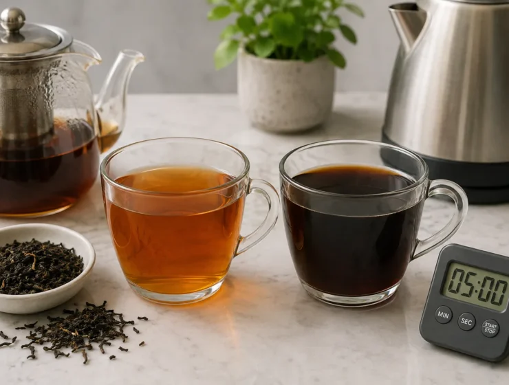 Balanced and oversteeped black tea beside a timer