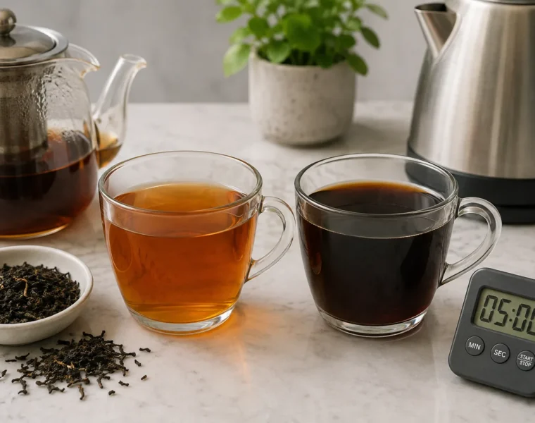 Balanced and oversteeped black tea beside a timer