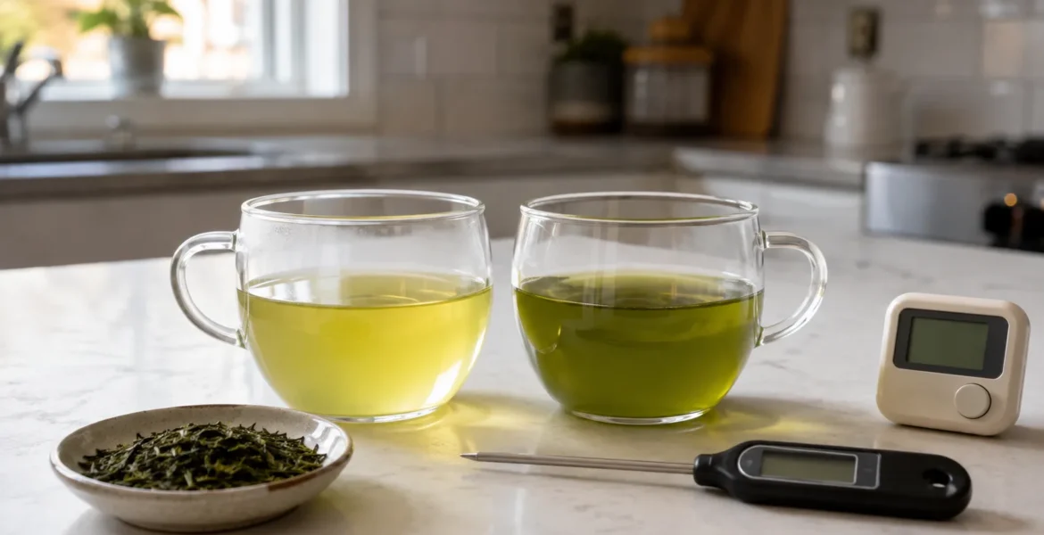 Two cups of green tea brewed at different temperatures beside loose green tea leaves