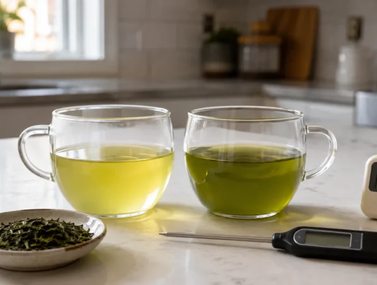 Two cups of green tea brewed at different temperatures beside loose green tea leaves