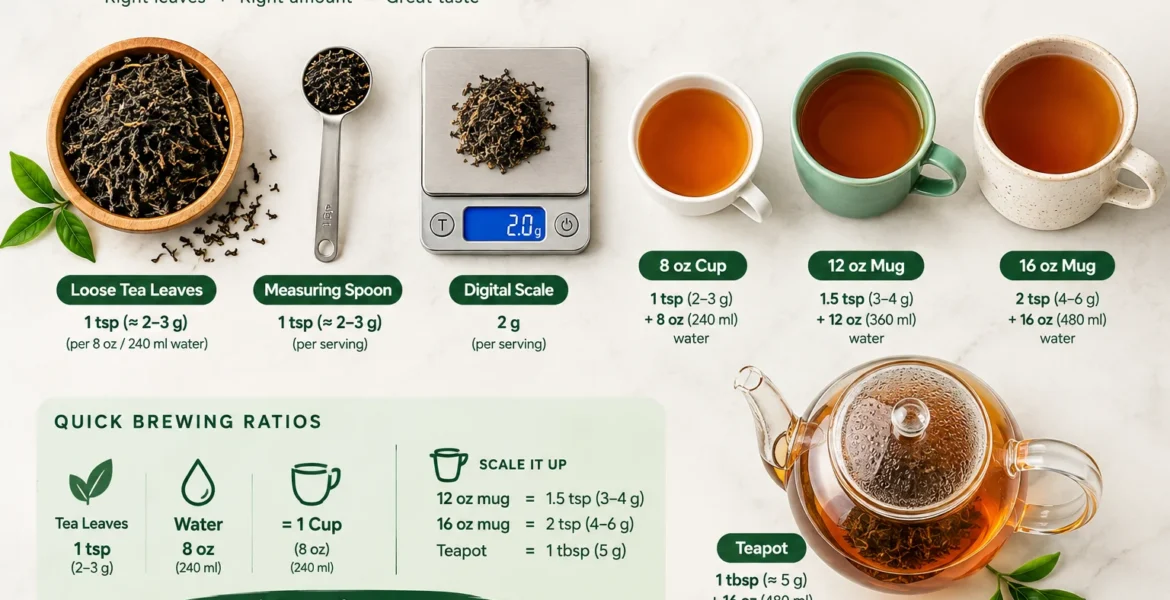 Tea-to-water ratios for cups, mugs and teapots
