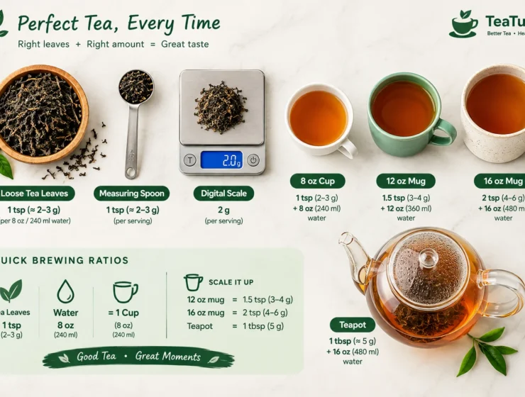 Tea-to-water ratios for cups, mugs and teapots