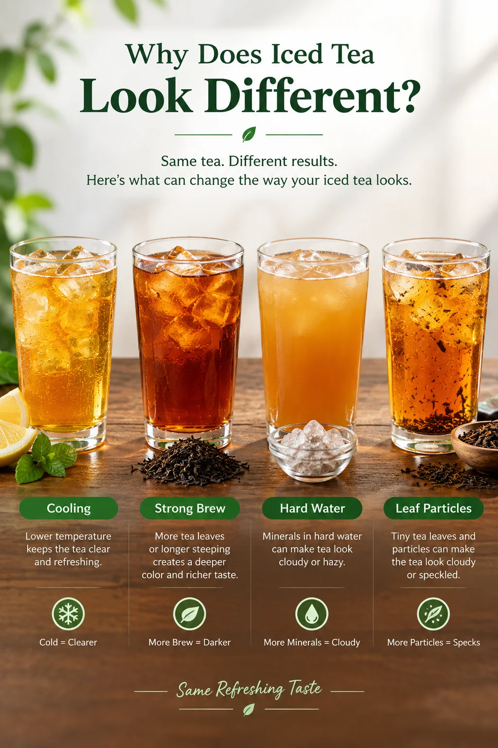 Common causes of cloudy tea compared side by side