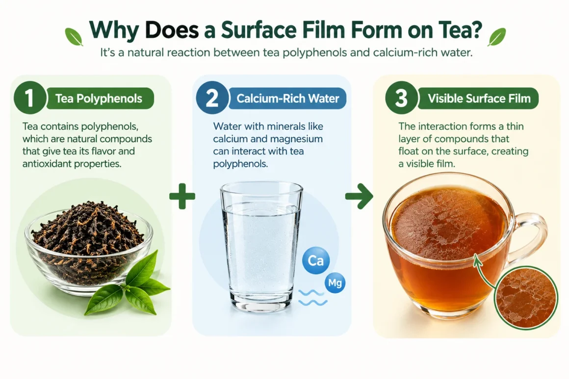 Diagram showing how minerals and tea compounds form tea scum