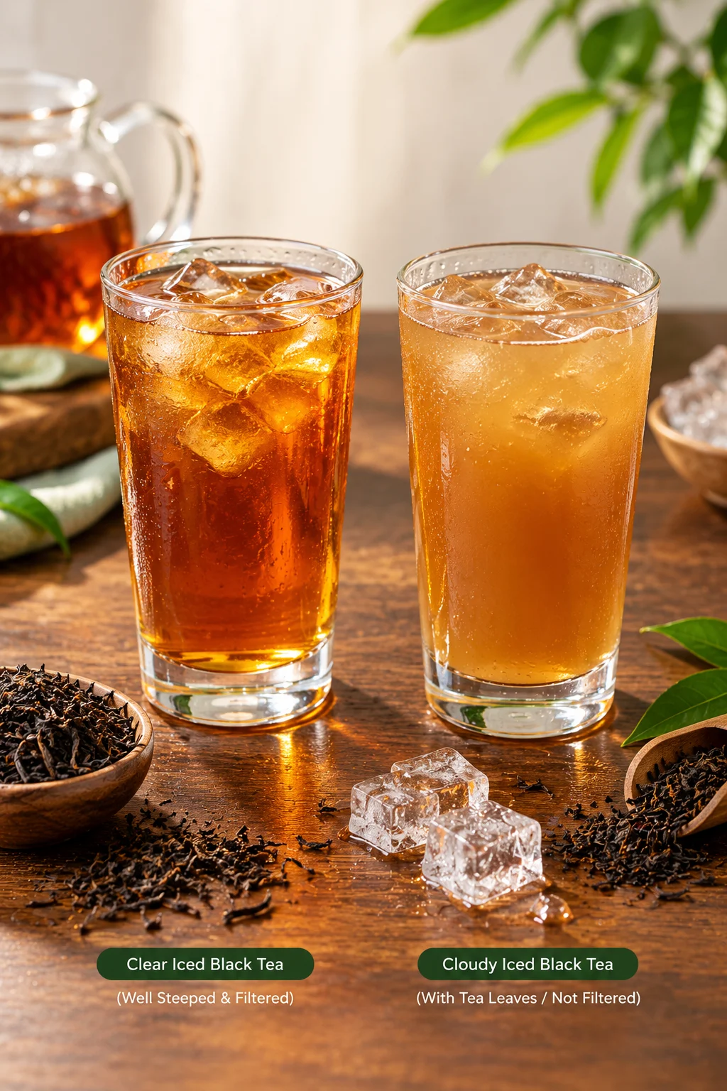 Clear and cloudy glasses of homemade iced tea